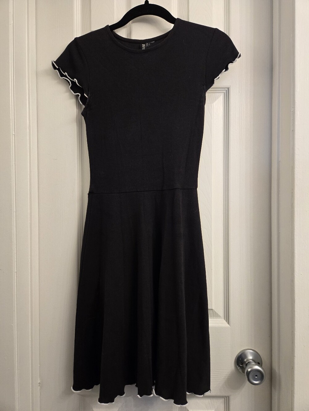 H&M Black Midi Dress with White-Trim Ruffle Sleeves